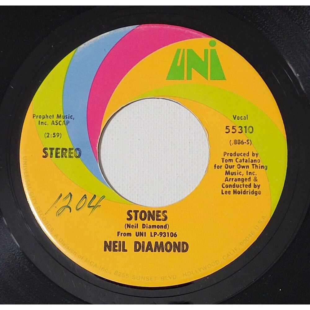 Neil Diamond ‎- Stones / Crunchy Granola Suite - UNI 45 RPM Vinyl '71